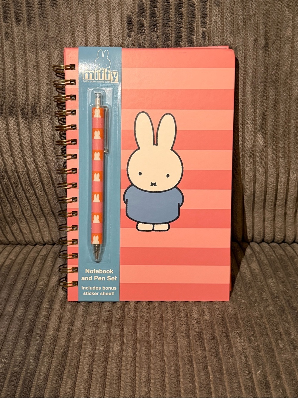miffy Coral Striped Notebook & Pen Set with Blue Outfit